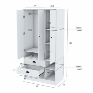 Ropero 3 Ptas.2Cajon-90 Ctms.